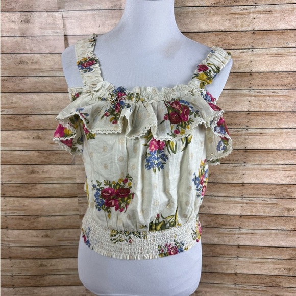 House Of Harlow 1960 Helena Ivory Floral Ruffle Top Gold Metallic Size Medium - Picture 3 of 6